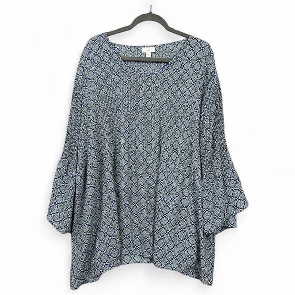 J. Jill Floral Blouse Size 3x Blue Geometric Bell Sleeve Pleated Career Workwear - Picture 1 of 12